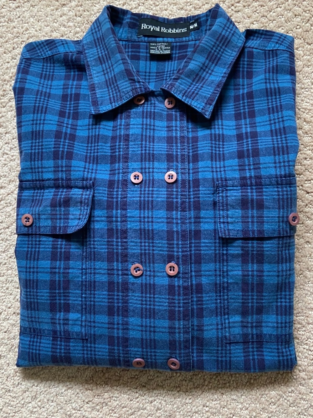 Heavyweight 100% Cotton Blue Plaid Long Sleeve Double Button Shirt; Medium